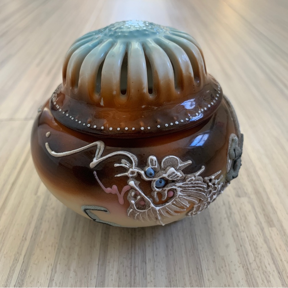 Antique Moriage Takito Flaming Dragonware Incense Burner with Slotted Lid